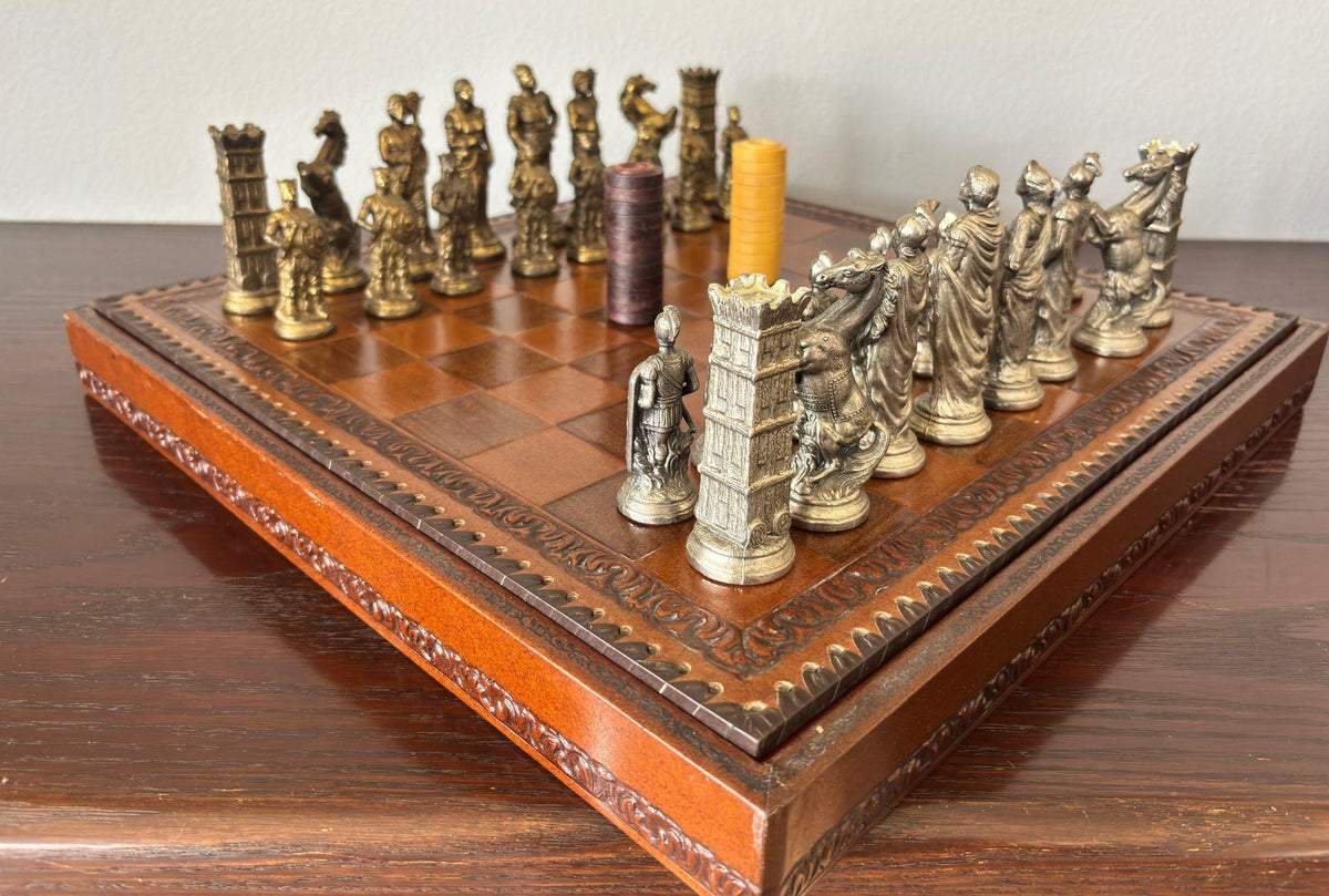Italian Roman-Style Chess Set Cast Metal and Leather Leather Board Circa 1960 — detail view 7