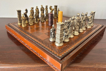 Italian Roman-Style Chess Set Cast Metal and Leather Leather Board Circa 1960 — detail view 7
