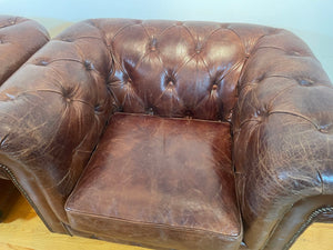 Vintage English Brown Leather Tufted Chesterfield Club Armchairs a Pair