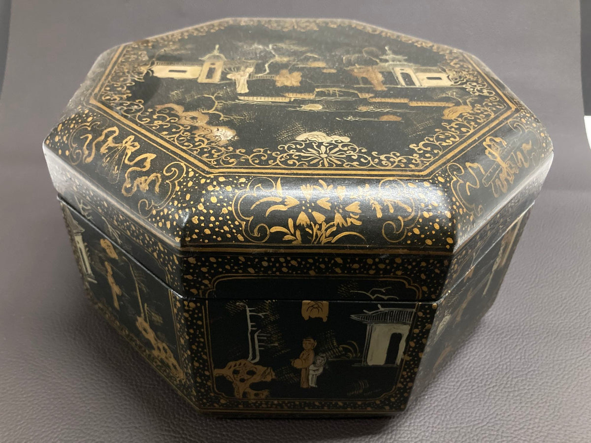 Large Chinese Tea Box Black Lacquered Gilt Hand Painted Octagonal Box 1940s