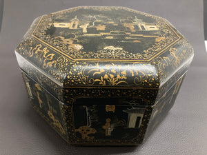 Large Chinese Tea Box Black Lacquered Gilt Hand Painted Octagonal Box 1940s