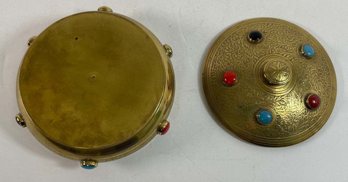 Vintage Moroccan Jewelled Trinket Brass Round Box with Beads
