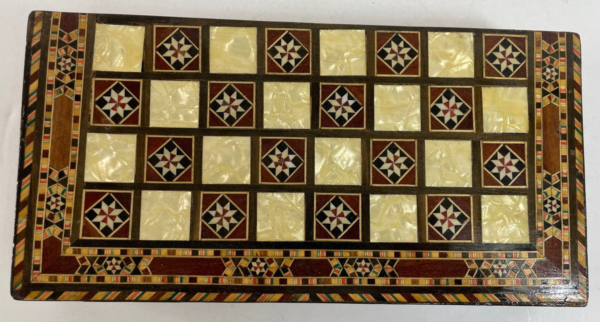 Middle Eastern Mosaic Inlaid Marquetry Box, Vintage Game Chest, 1950