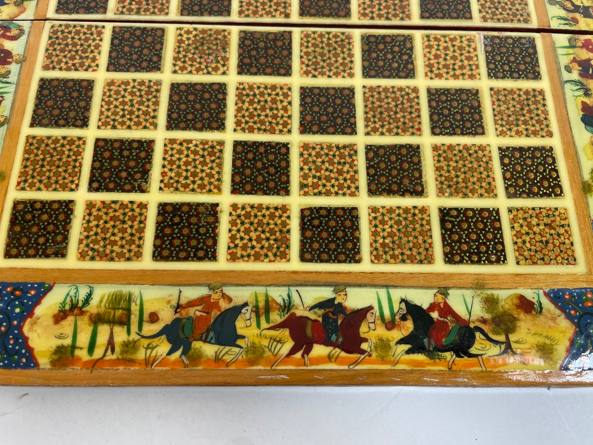 Vintage Persian Micro Mosaic Chess Box, Handcrafted Fruitwood, 1950s