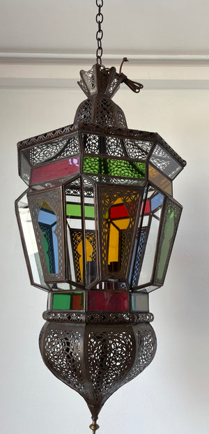 Moroccan Moorish Large Hanging Light Fixture Colored Glass Lantern