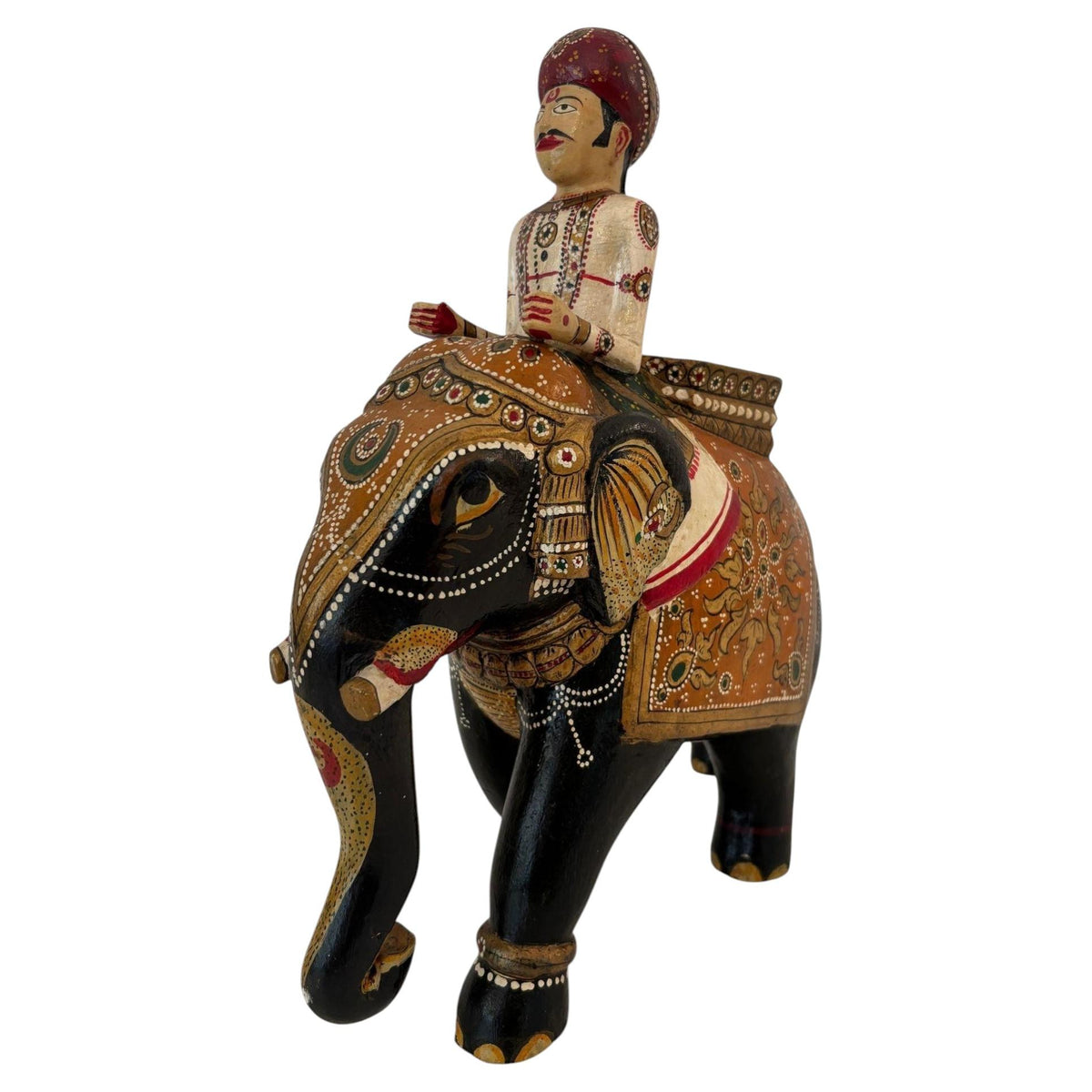 Antique Anglo-Raj Hand-Carved Teak Elephant with Rider Polychrome Sculpture — additional view 10