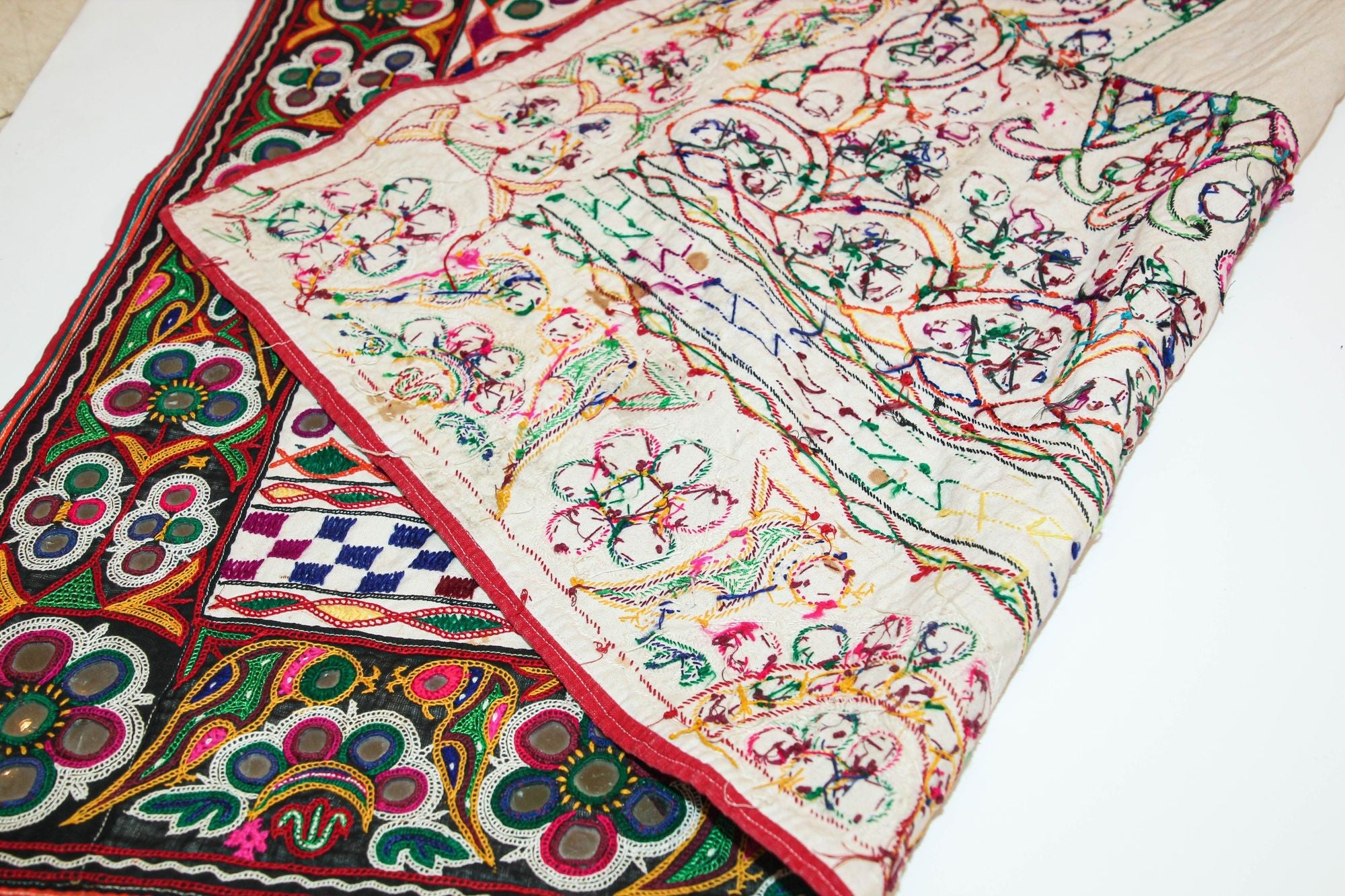 1920's Indian Gujarati Rabari Kutch Silk Embroidered Ethnic Textile with Mirror