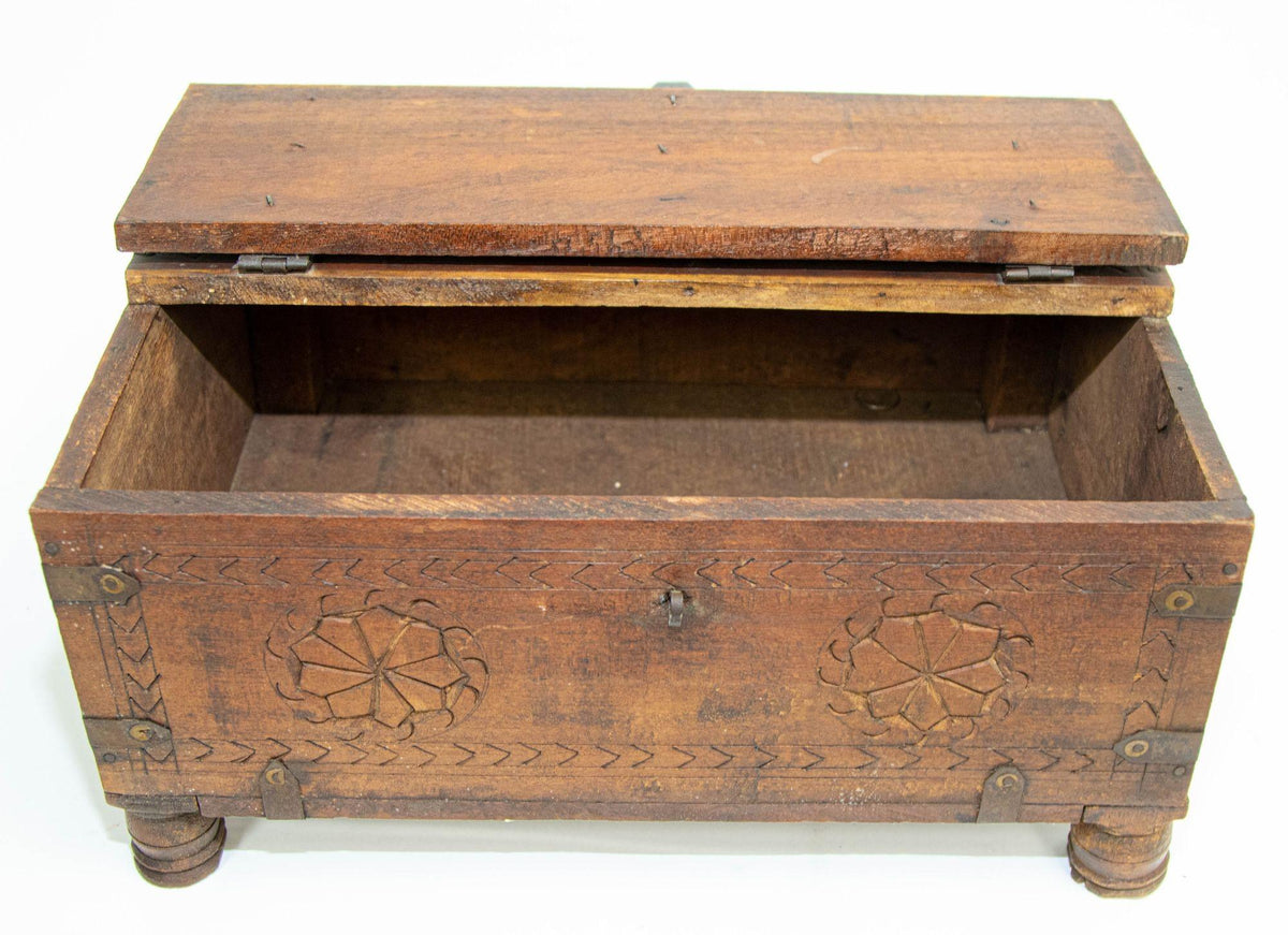 Antique Rajasthani Footed Chest Box, Hand-Carved Wood & Iron, 1900s — India