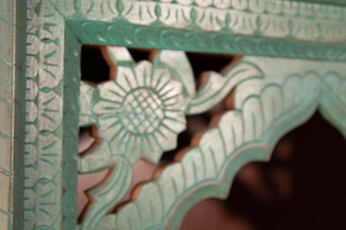 Hand-Carved Arch Bookshelf Wooden Cabinet in Rustic Blue