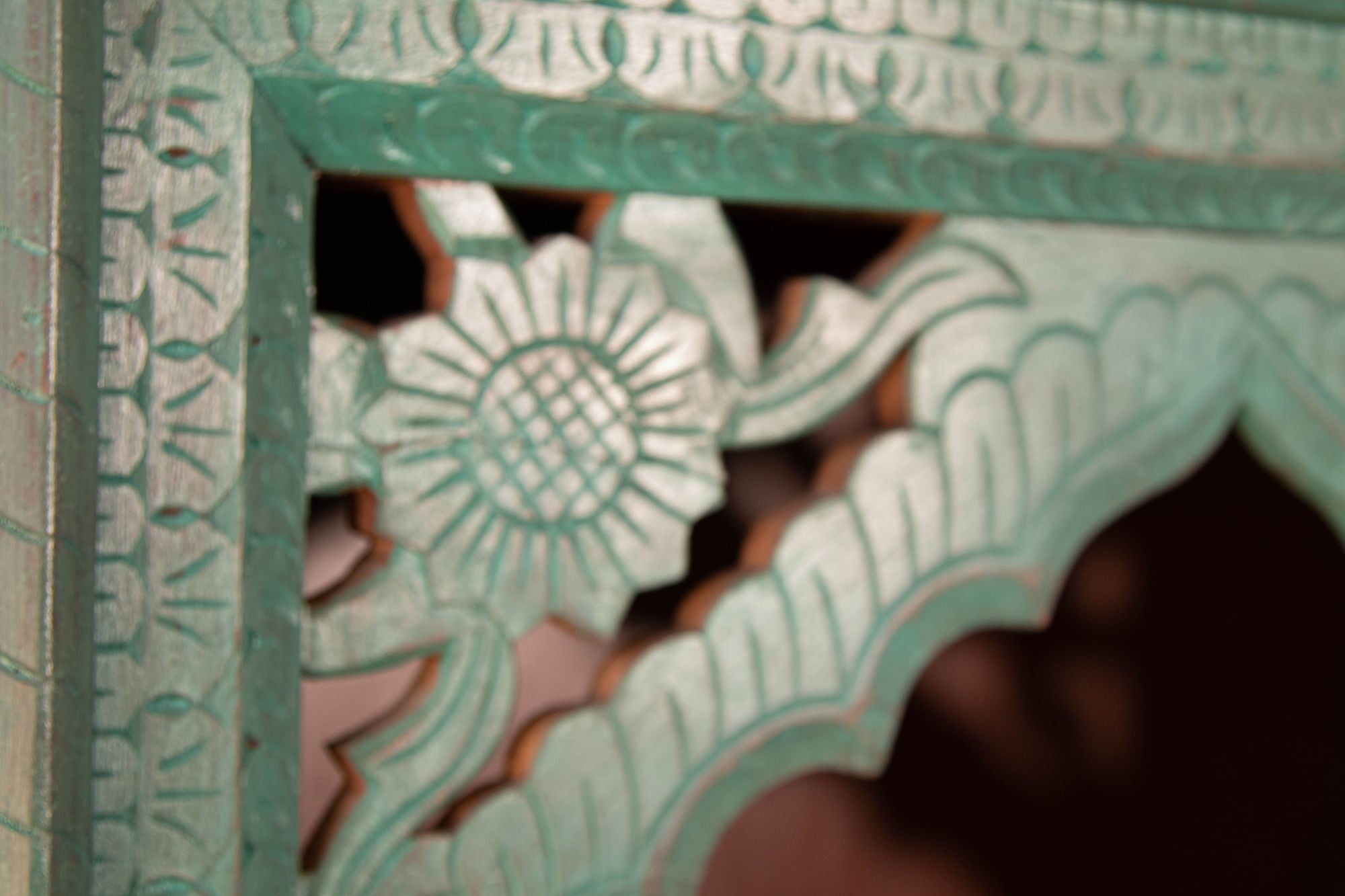 Hand-Carved Arch Bookshelf Wooden Cabinet in Rustic Blue