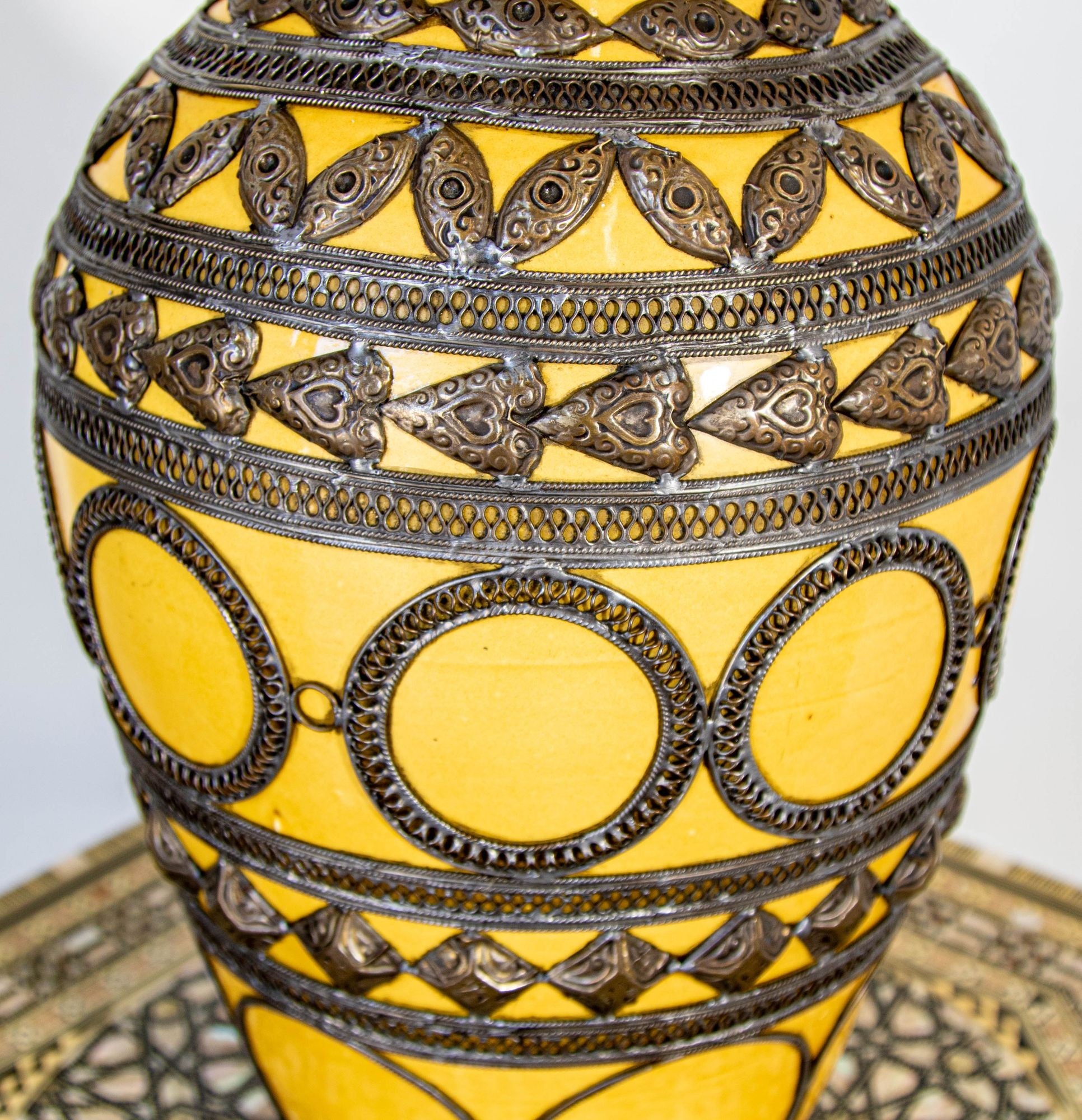 Antique Moroccan Ceramic Vase Bright Yellow with Metal Moorish