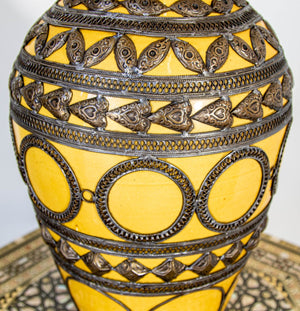 Antique Moroccan Ceramic Vase Bright Yellow with Metal Moorish Filigree overlaid