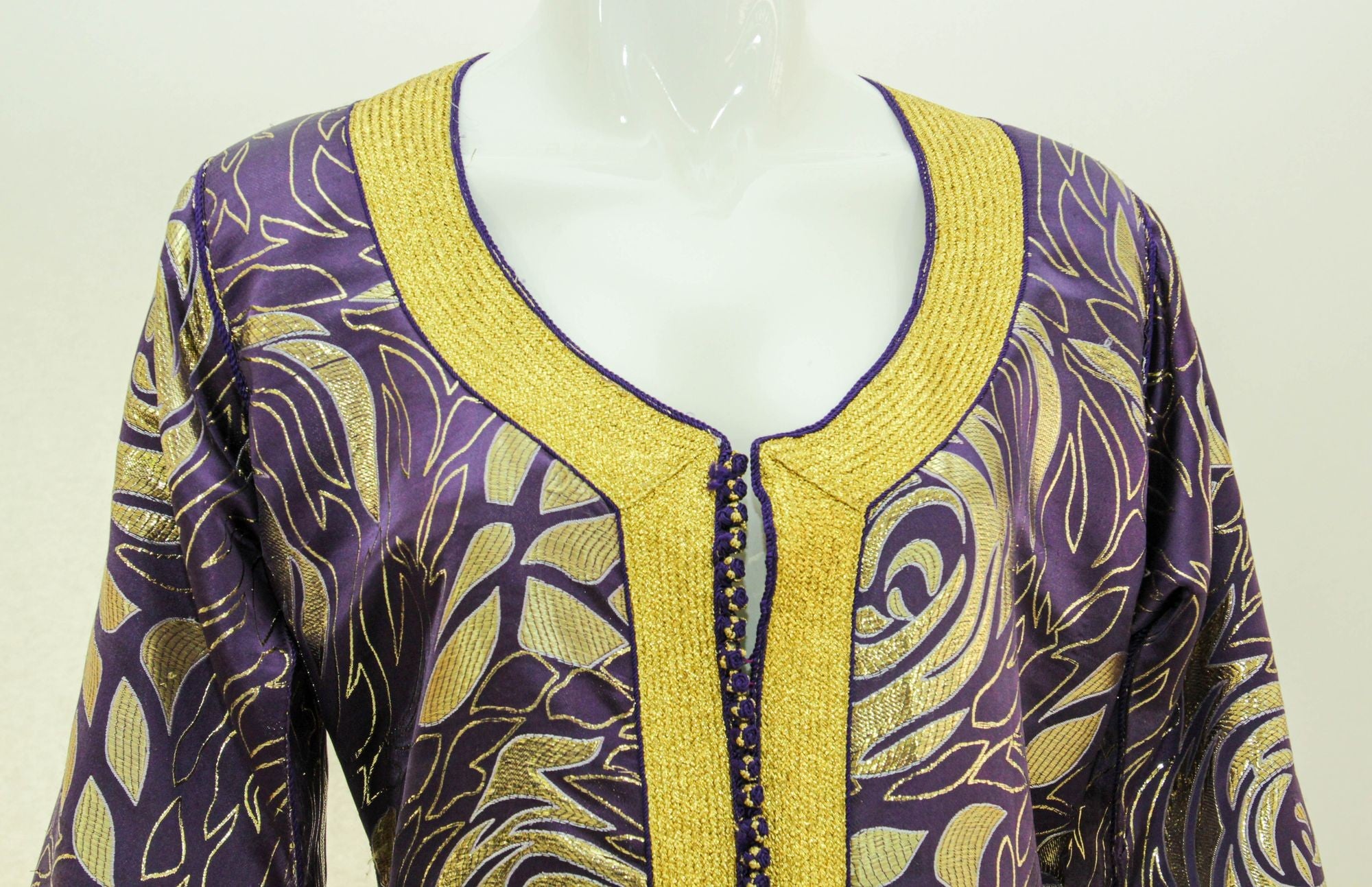 Moroccan Caftan Purple and Gold Damask Embroidered Vintage Kaftan 1960s