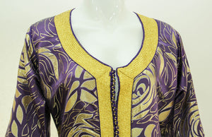 Moroccan Caftan Purple and Gold Damask Embroidered Vintage Kaftan 1960s