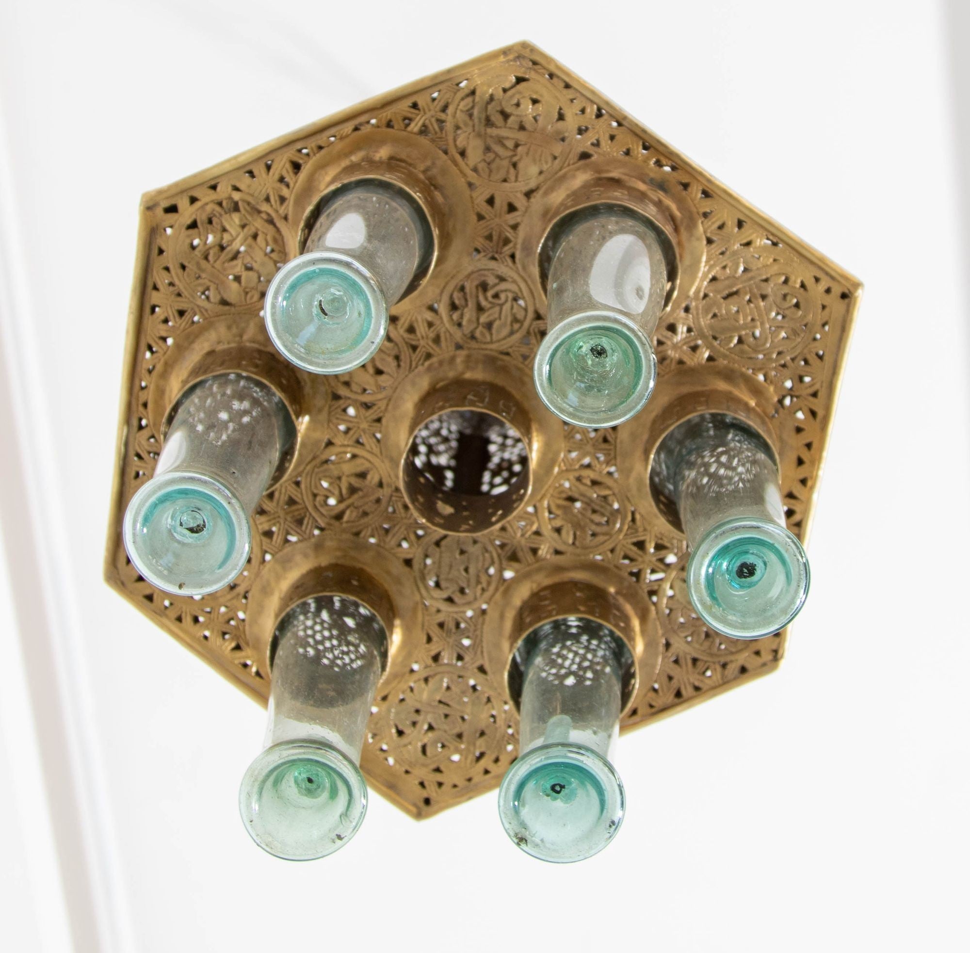 Antique Mamluk Turkish Pierced Brass Hanging Hexagonal Pendant Light Fixture