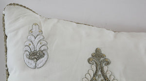 White and Silver Embroidered Mughal Style Throw Pillow