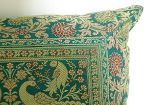 Emerald Green Exotic Silk Throw Pillow with Elephants and Peacocks India