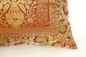 Red Silk Throw Pillow with Elephants and Peacocks India