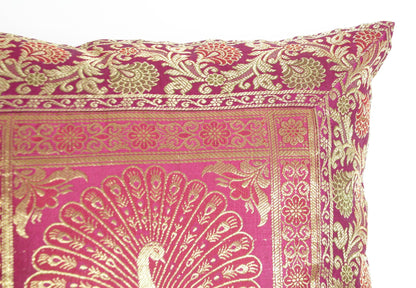Hot Pink Silk Brocade Throw Pillow, Peacock Design, Indian Art, 1980