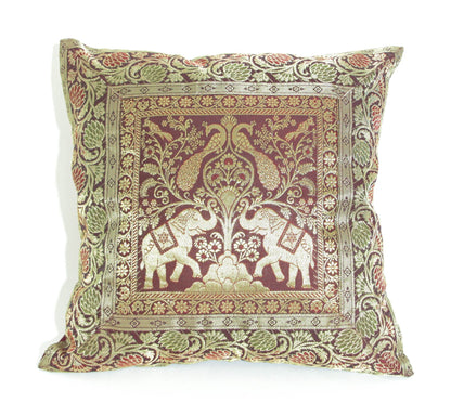 Silk Throw Pillow with Elephants and Peacocks India