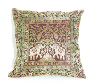 Silk Throw Pillow with Elephants and Peacocks India