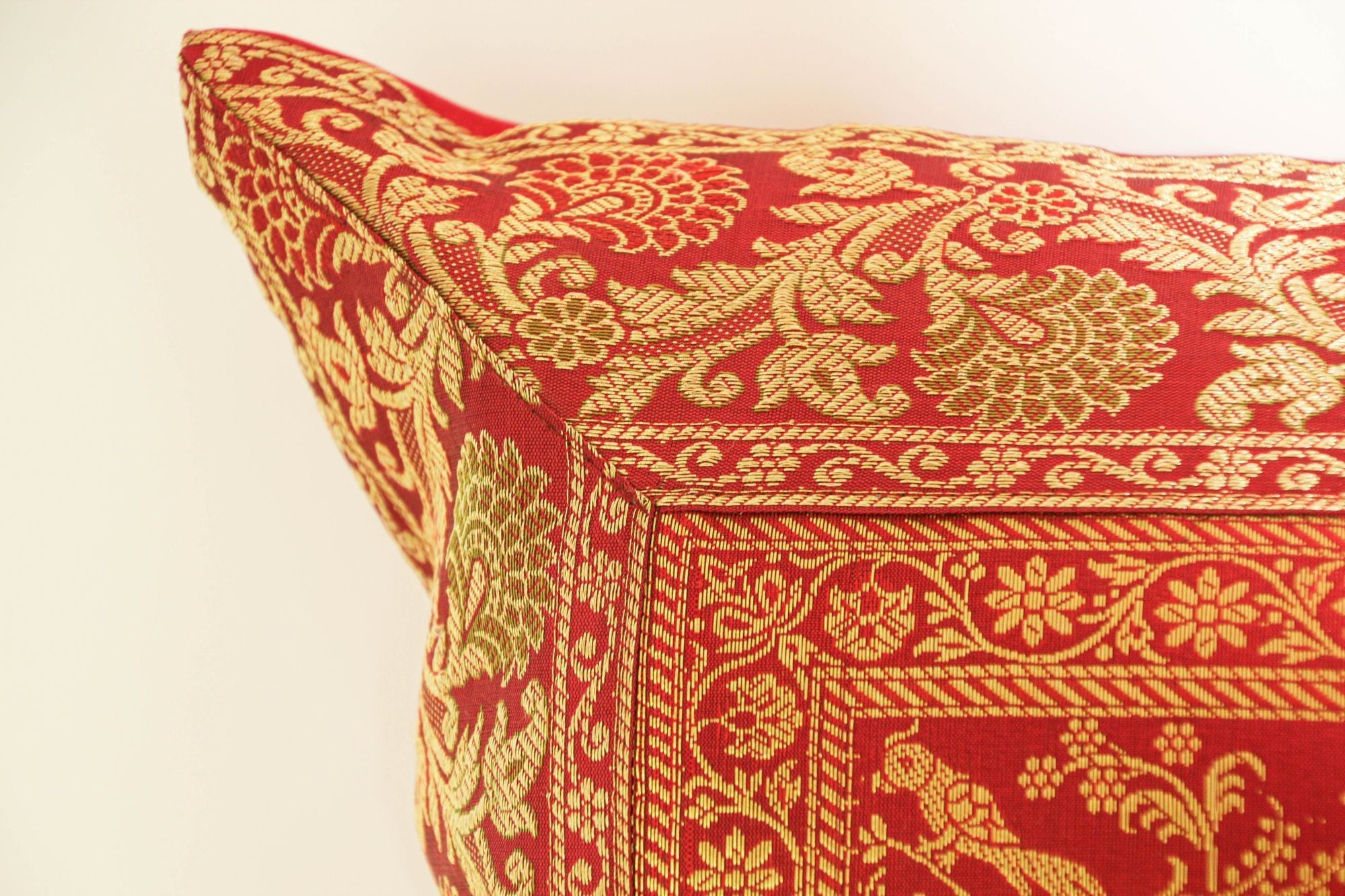 Decorative Silk Throw Pillow with Elephants and Peacocks India