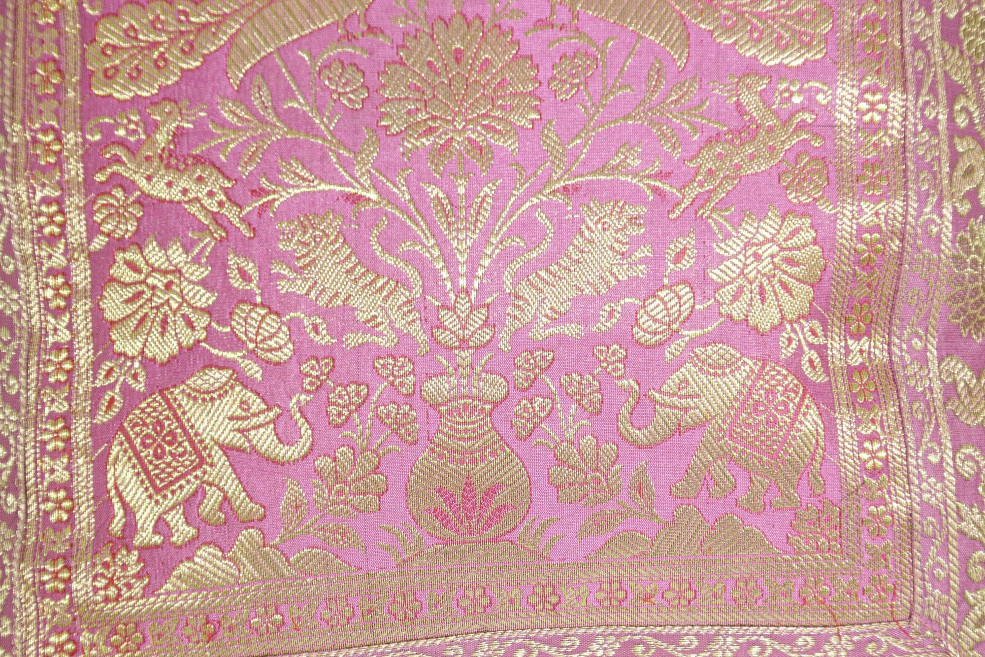 Silk Pink Throw Pillow with Elephants and Peacocks India