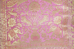 Silk Pink Throw Pillow with Elephants and Peacocks India