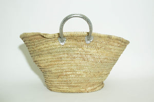 French Moroccan Straw Basket Tote Bag with Piped Leather Handles