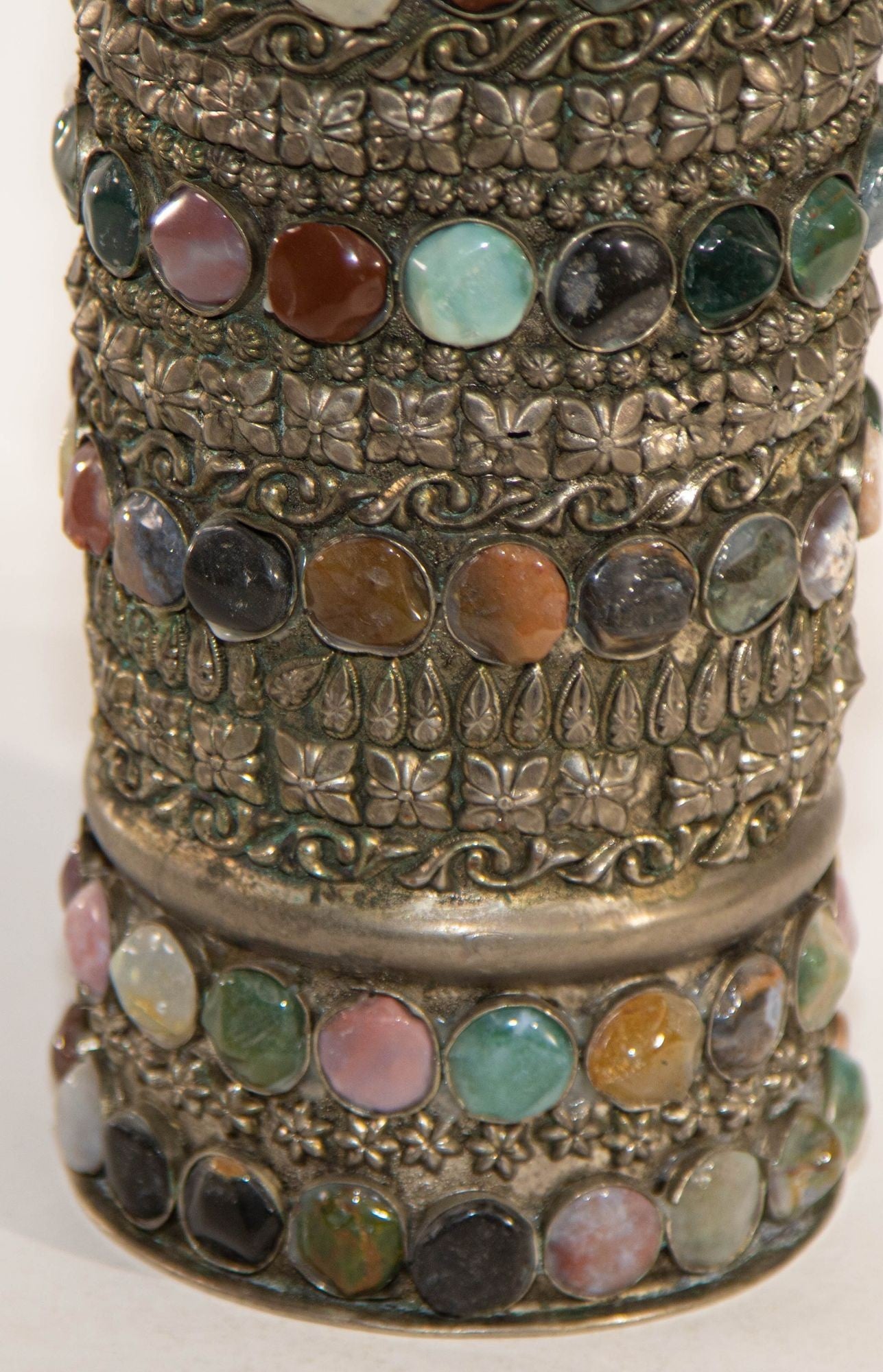 Vintage Agate Inlaid Jewelled Moroccan Silver Candle Holder