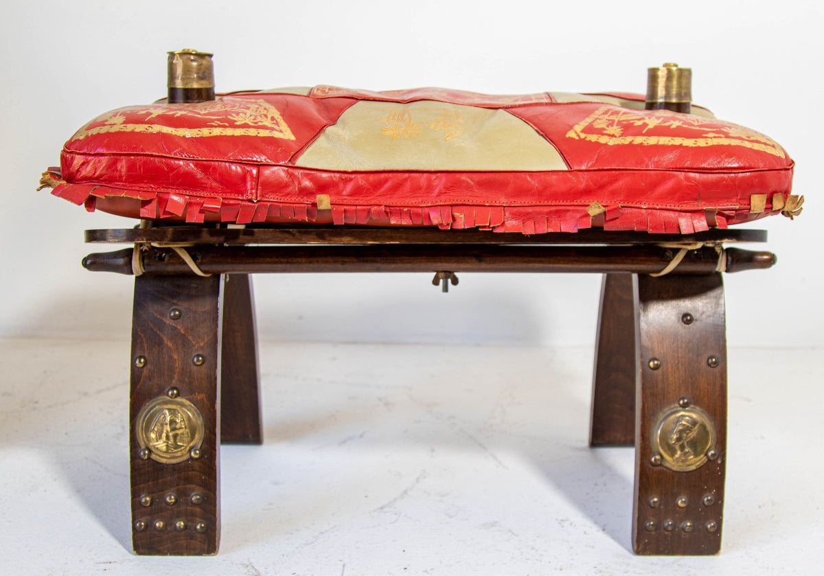 1960s Vintage Egyptian Camel Saddle Stool in Dark Wood & Red Leather