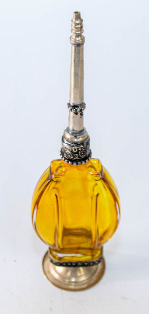 Moroccan Footed Glass Perfume Bottle Sprinkler with Embossed Metal Overlay