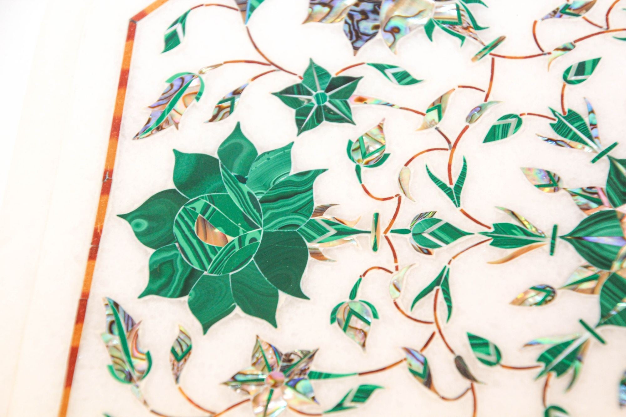 Pietra Dura White Mosaic Octagonal Inlaid Marble Top Handcrafted Agra India 1980