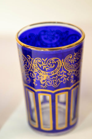 Moroccan Royal Blue Glasses with Gold Moorish Arabesque Design Set of 6 Barware