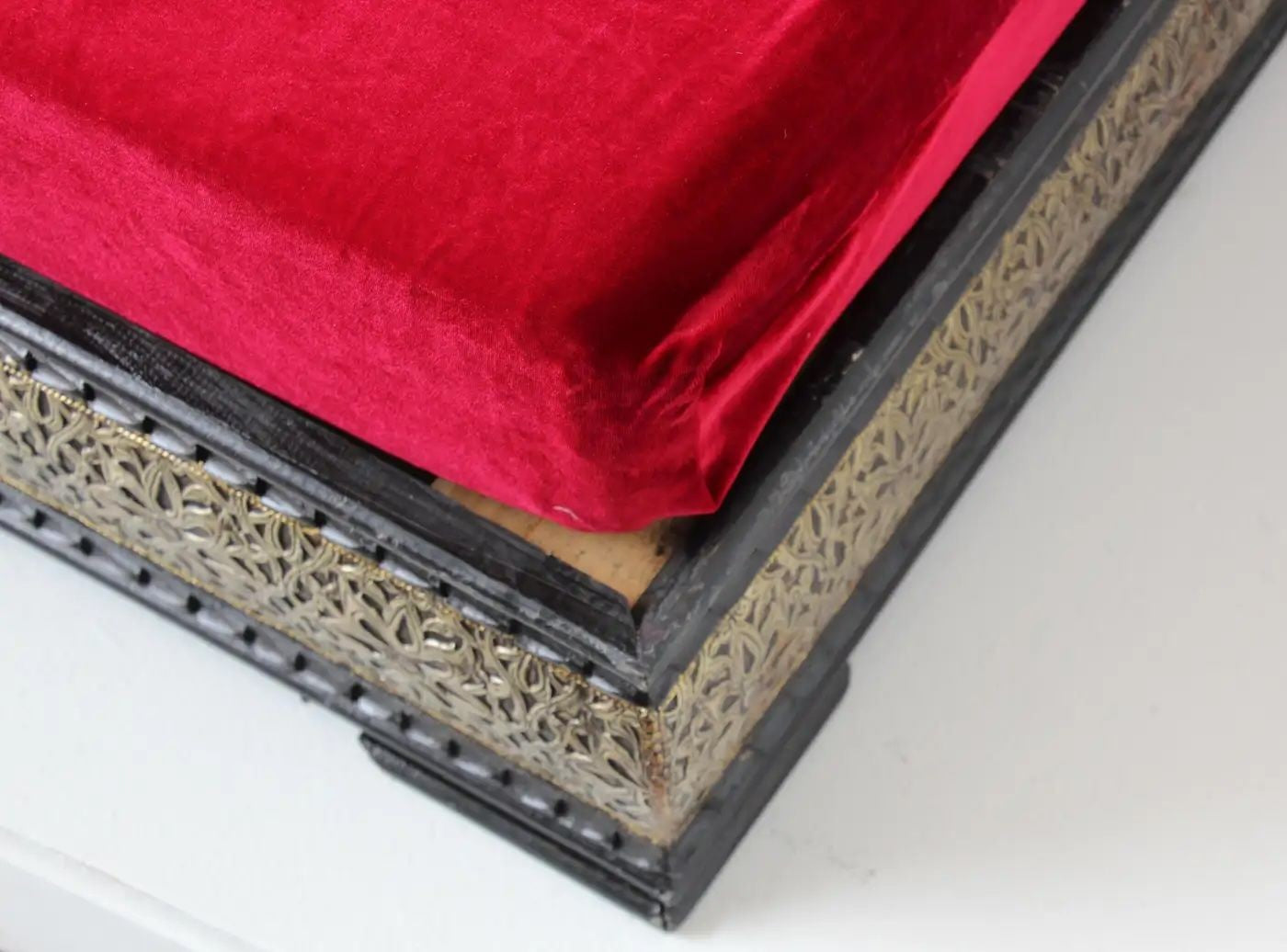 Vintage Moroccan Settee Low Bench, Day Bed with Red Cushion