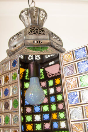 Moroccan Hanging Glass Lantern Moorish Metal Light Fixture with Stained Glass
