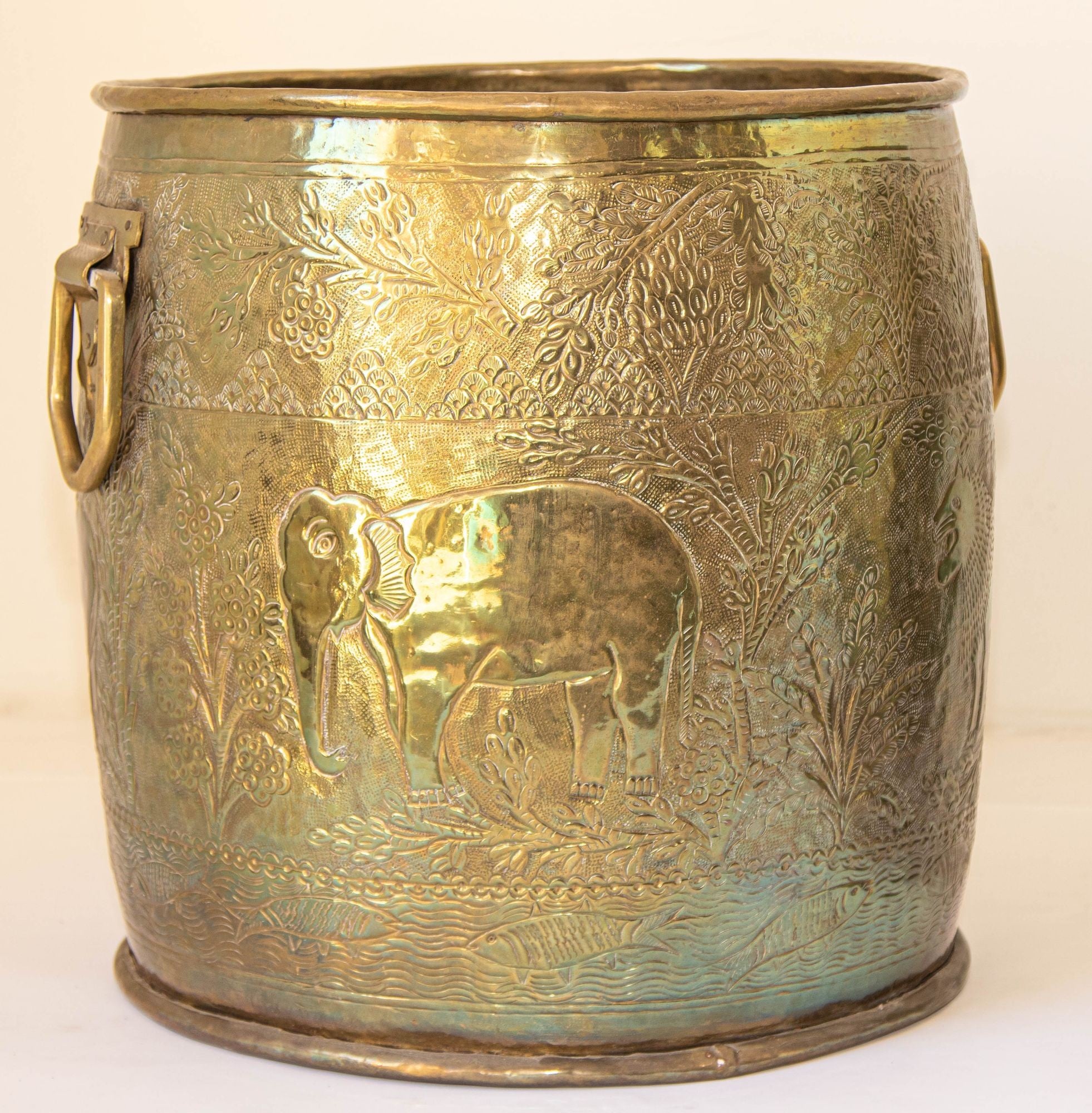 Large Vintage Polished Brass Planters Anglo Raj Hammered Jungle Design a Pair