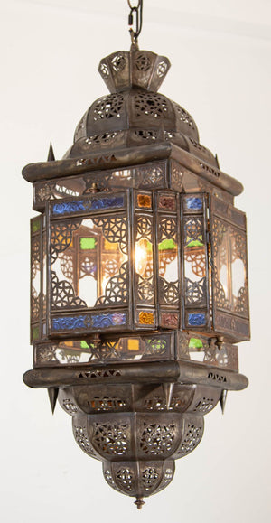 Vintage Moroccan Hanging Lantern Clear and Multicolor Glass Made in Marrakech