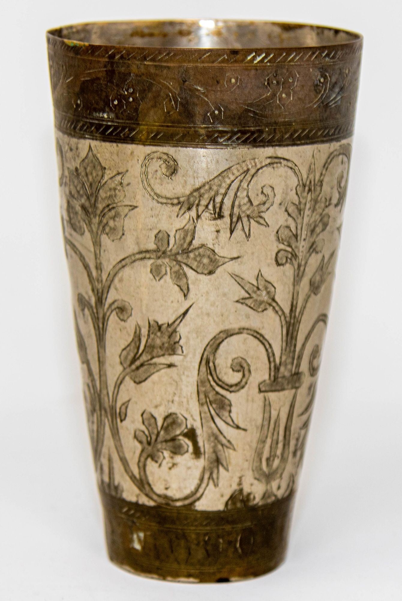Antique Engraved Metal Silvered Beaker or Vase from India 1940s
