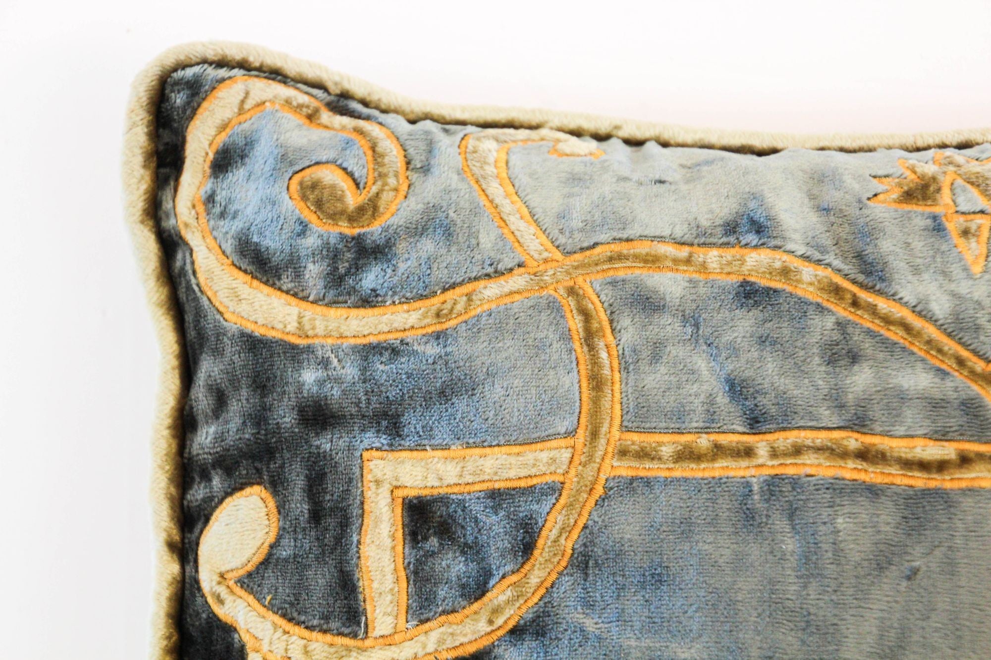 Baroque Venetian Style, Blue and Gold Velvet Pillow, Elaborate Applique Work