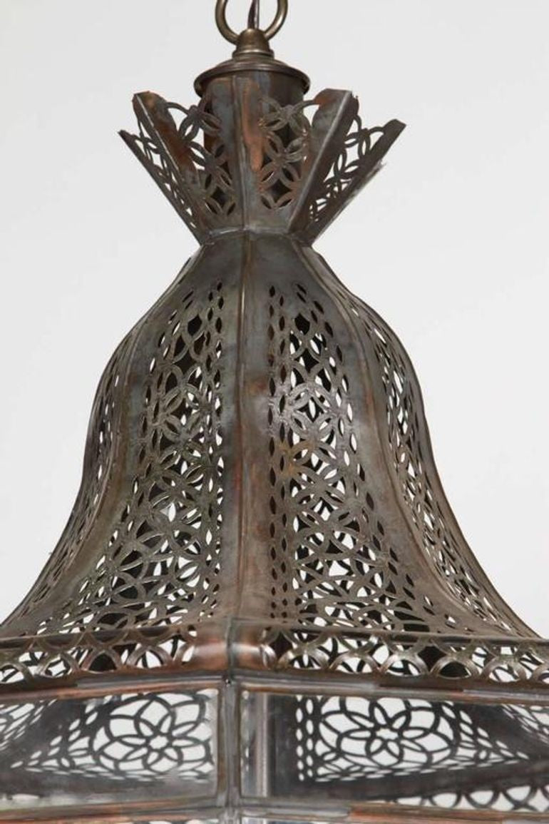 Vintage Moroccan Moorish Clear Glass Pierced Metal Lantern Chandelier, 1980s