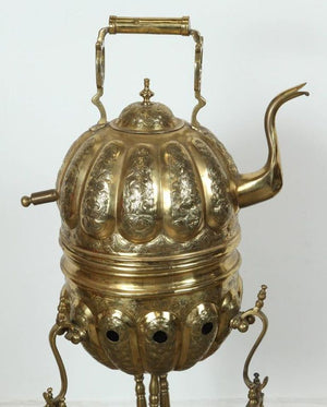 Moroccan Brass Tea Kettle on Stand Handcrafted in Fez Morocco 1930