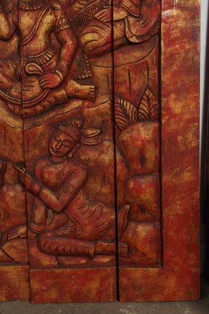 Antique Monumental Asian Hand-Carved Wooden Decorative Mural Panel 8ft