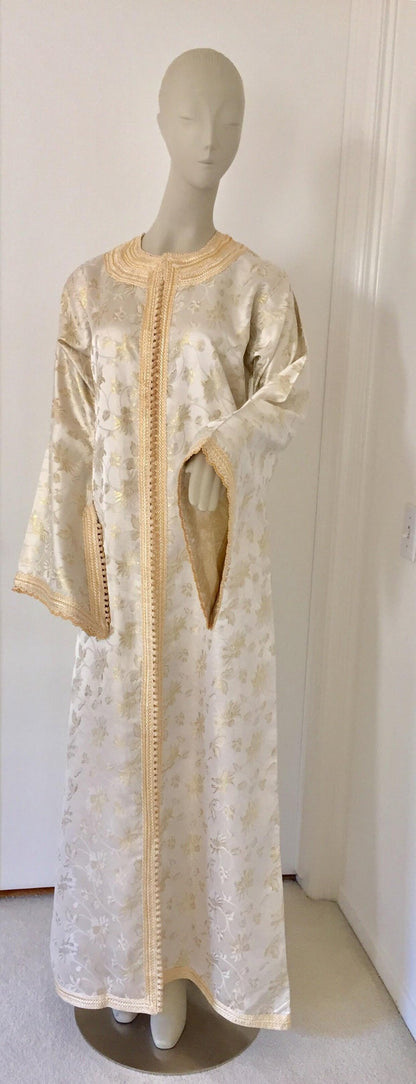 Vintage Moroccan Kaftan White and Gold Metallic Floral Brocade Caftan 1970's