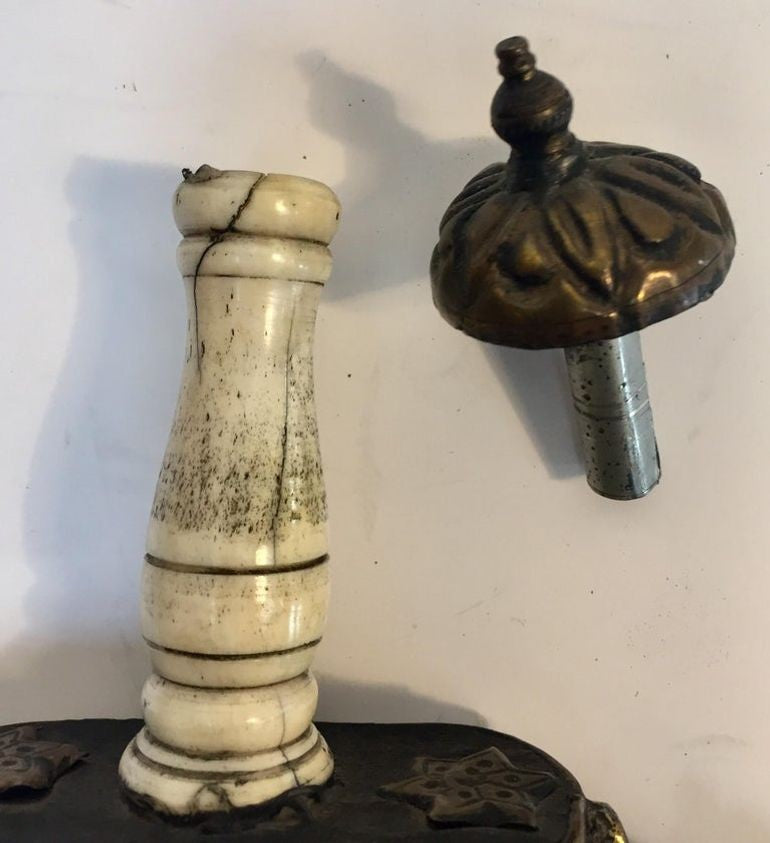 Antique Moroccan Berber Case Flask, Hand-Carved Wood & Brass, 1920s