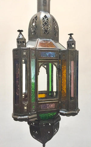 Moroccan Handcrafted Moorish Pendant Lantern with Multi-Color Glass