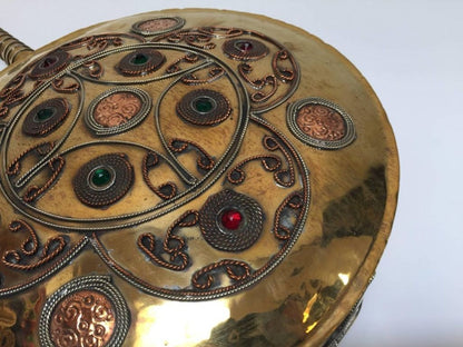 Handcrafted Moroccan Brass Drinking Flask with Glass Stones, 1940