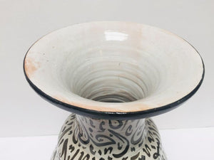 Moroccan Ceramic Vase with Arabic Black Calligraphy Writing Moorish Glazed Fez