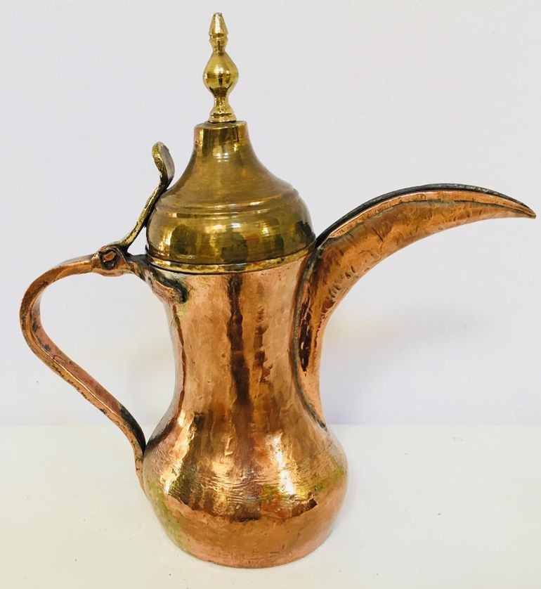 Antique Dallah Coffee Pot, Hand-Hammered Copper & Brass, Oman, 1890