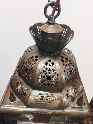Moroccan Hall Lantern Light Fixture with Multi-Color Glass Moorish Style